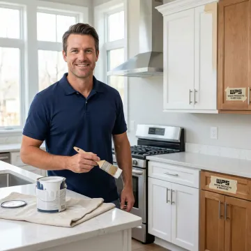 Kitchen cabinet refinishing and refacing contractor working on wooden cabinets