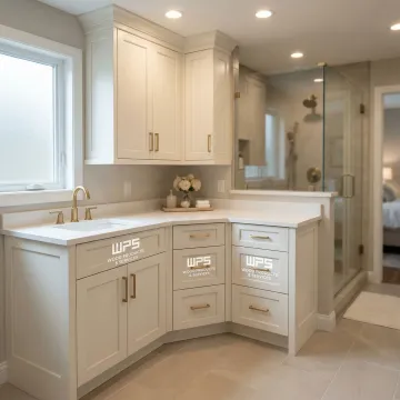 Custom corner bathroom vanity with hardwood cabinet and integrated sink