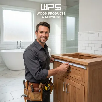 Cabinet maker measuring and installing a custom corner bathroom vanity