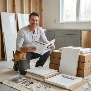 Contractor reviewing ready to assemble kitchen cabinets on a job site