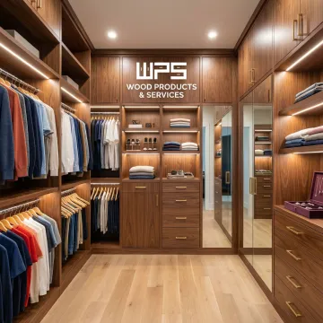 Custom built-in closet storage organizer with shelves, drawers, and hanging rods