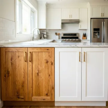Solid wood kitchen cabinet doors in unfinished and painted styles displayed in a modern kitchen.