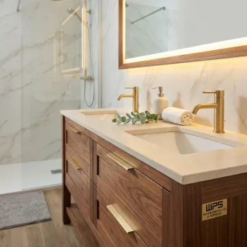 Custom solid wood bathroom vanity with hardwood cabinets and integrated sink