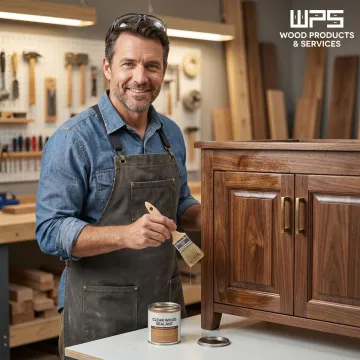 Craftsman applying protective finish to solid wood bathroom cabinet