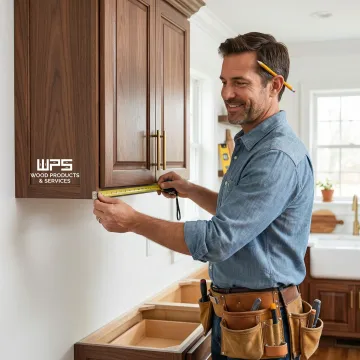 Cabinet maker measuring and installing custom kitchen cabinets in a Pennsylvania home