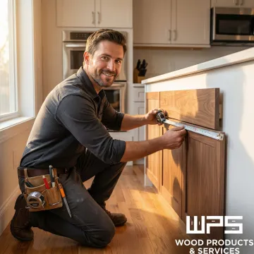 Cabinet maker measuring and installing custom cabinetry during a home renovation project.