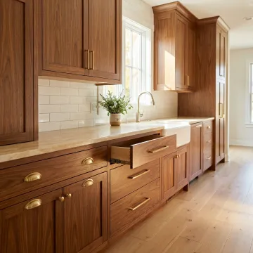 Custom-built kitchen cabinetry with hardwood face frames and soft-close hardware installed in a modern home.