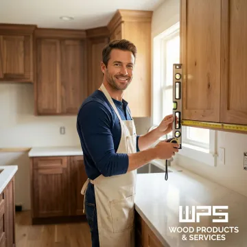 Cabinet installer measuring and fitting custom kitchen cabinets during installation