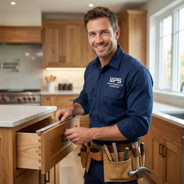 Cabinet maker measuring and installing solid oak kitchen cabinets