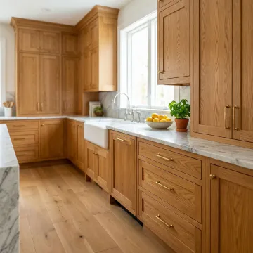 Solid oak kitchen cabinets installed in a bright, modern kitchen