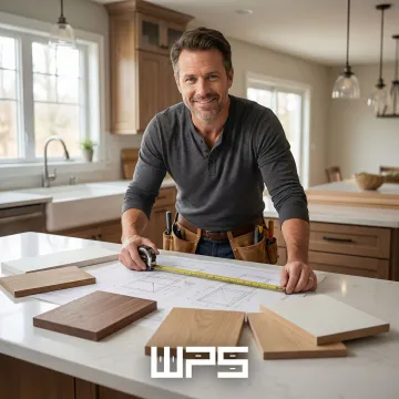 Cabinet maker measuring and designing custom kitchen cabinets during a home consultation