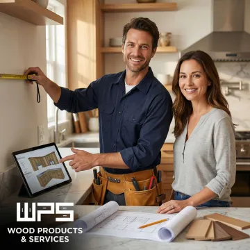 Cabinet maker measuring and planning custom kitchen cabinet installation