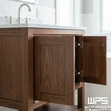 Custom bathroom vanity cabinet with hardwood finish and soft-close hardware