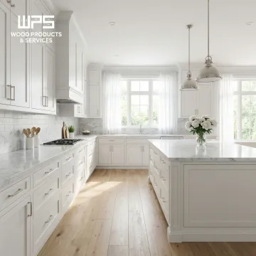 Solid wood white kitchen cabinets with soft-close hardware and hardwood face frames in a bright modern kitchen