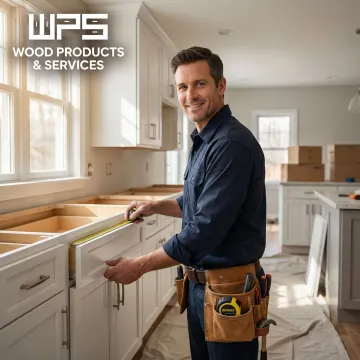Cabinet maker measuring and installing solid wood white kitchen cabinets in a residential kitchen