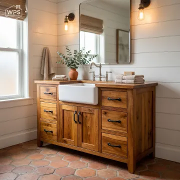 Custom rustic bathroom vanity handcrafted from hardwood with natural wood grain finish and farmhouse sink