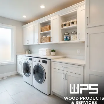 Ready to assemble laundry room cabinets installed in a clean, organized laundry room in Quakertown, PA