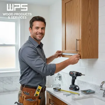 Cabinet maker measuring and installing a wall mounted bathroom cabinet