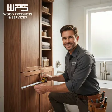 Cabinet maker measuring and installing a custom linen cabinet in a bathroom