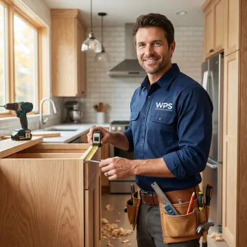 Cabinet maker measuring and installing custom plywood kitchen cabinets