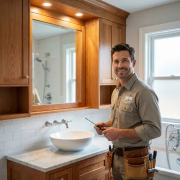 Quality Made Cabinets craftsman installing a custom vanity mirror cabinet in a Pennsylvania bathroom