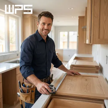 Cabinet maker measuring and installing custom cabinetry in a modern kitchen