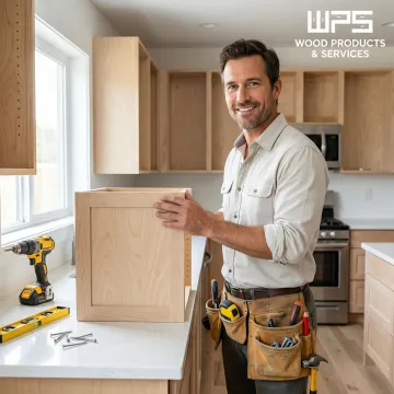 Cabinet maker measuring and installing plywood kitchen cabinets in a residential kitchen