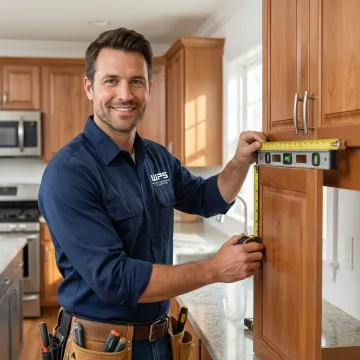 Cabinet maker measuring and installing custom kitchen cabinets with precision tools