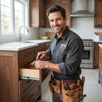 Professional custom cabinet installation in a modern kitchen with hardwood cabinetry and soft-close hardware