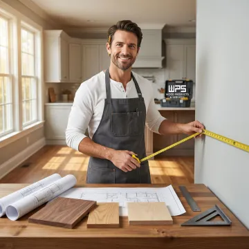 Cabinet maker measuring and planning a custom kitchen cabinet installation