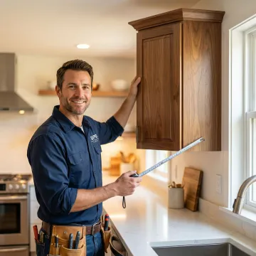 Cabinet maker measuring and installing a corner wall mount kitchen cabinet