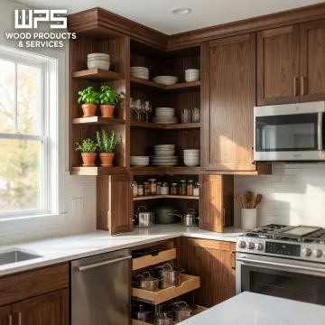 Custom corner wall mount kitchen cabinets installed in a modern kitchen