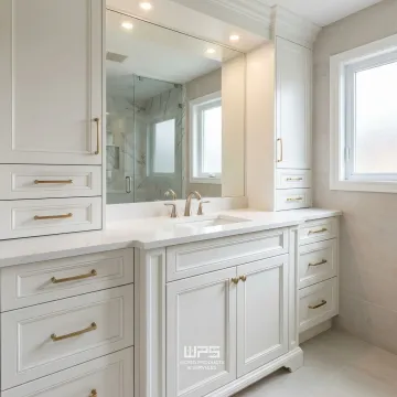 Professional bathroom cabinet installation with custom vanity and storage units