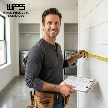 Cabinet maker measuring and planning laundry room storage installation