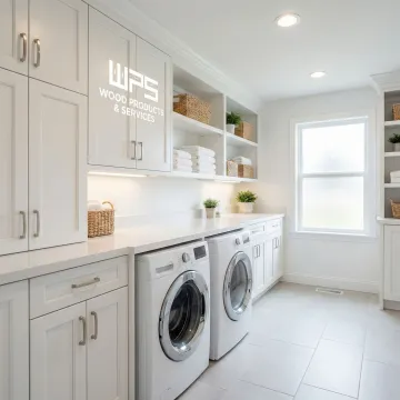 Custom laundry room cabinets and organized storage solutions installed by Quality Made Cabinets