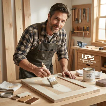 Craftsman applying antique white stain to kitchen cabinet doors in a workshop
