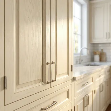 Antique white wood stain applied to custom kitchen cabinets