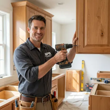 Cabinet maker measuring and installing custom kitchen cabinets