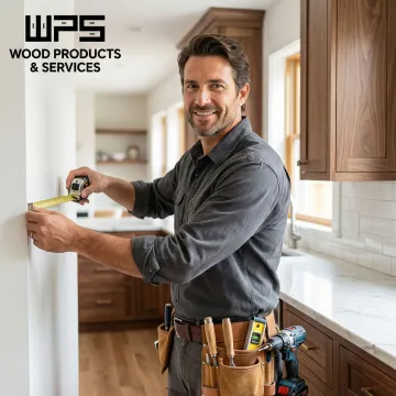 Cabinet craftsman measuring and installing custom kitchen cabinets