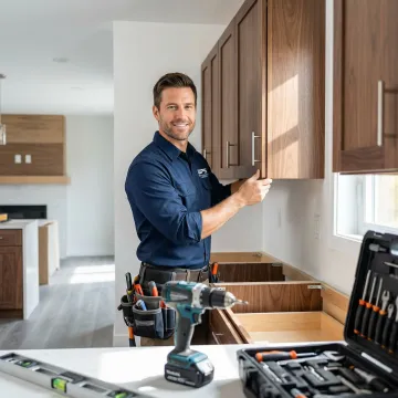 Cabinet maker installing custom wood cabinets during home renovation