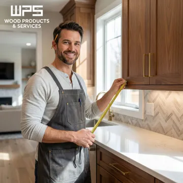 Custom cabinet maker measuring and installing kitchen cabinets