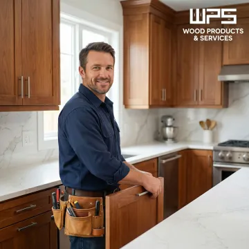 Experienced professional installing custom wood cabinets in a modern kitchen