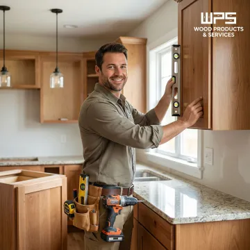 Cabinet installation process showing precise fitting and finishing of custom cabinets