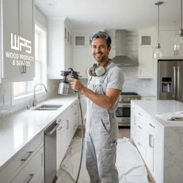 Professional cabinet painter applying smooth finish to kitchen cabinets