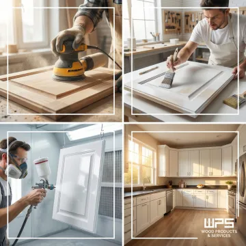 Step-by-step cabinet refinishing process from sanding to final painted finish