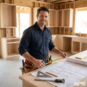 Cabinet maker measuring and planning kitchen layout in a new construction home