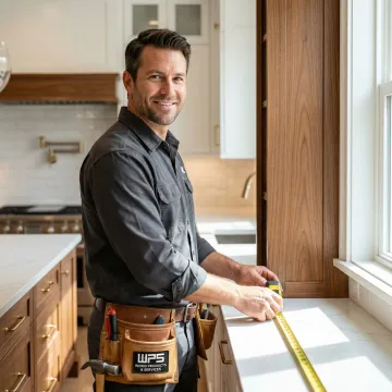 Cabinet maker measuring and installing custom built-in cabinets