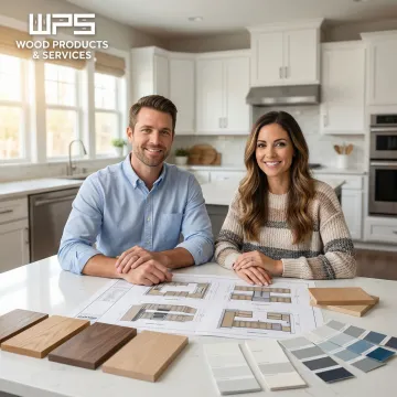 Cabinet designer reviewing custom kitchen cabinet plans with a homeowner during a consultation.