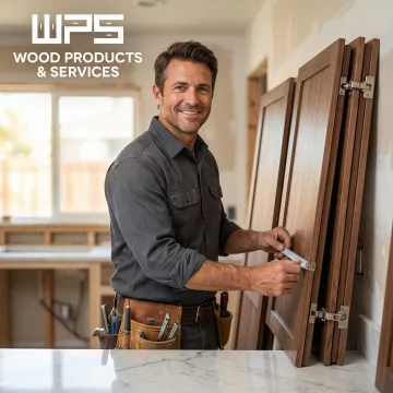 Craftsman measuring and installing custom cabinets in a residential kitchen.