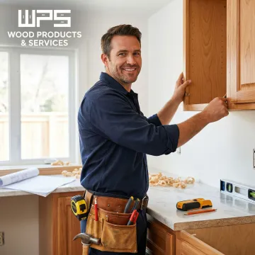 Cabinet installation process showing a craftsman fitting custom kitchen cabinets